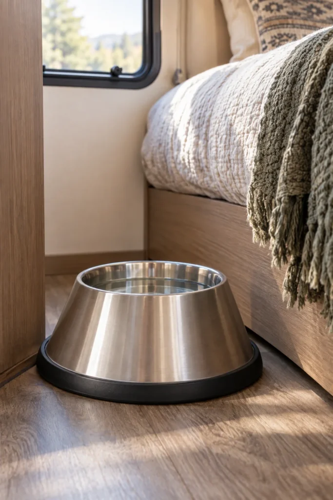 Flared cone-shaped non-tip dog water bowl resting in an RV bedroom corner.
