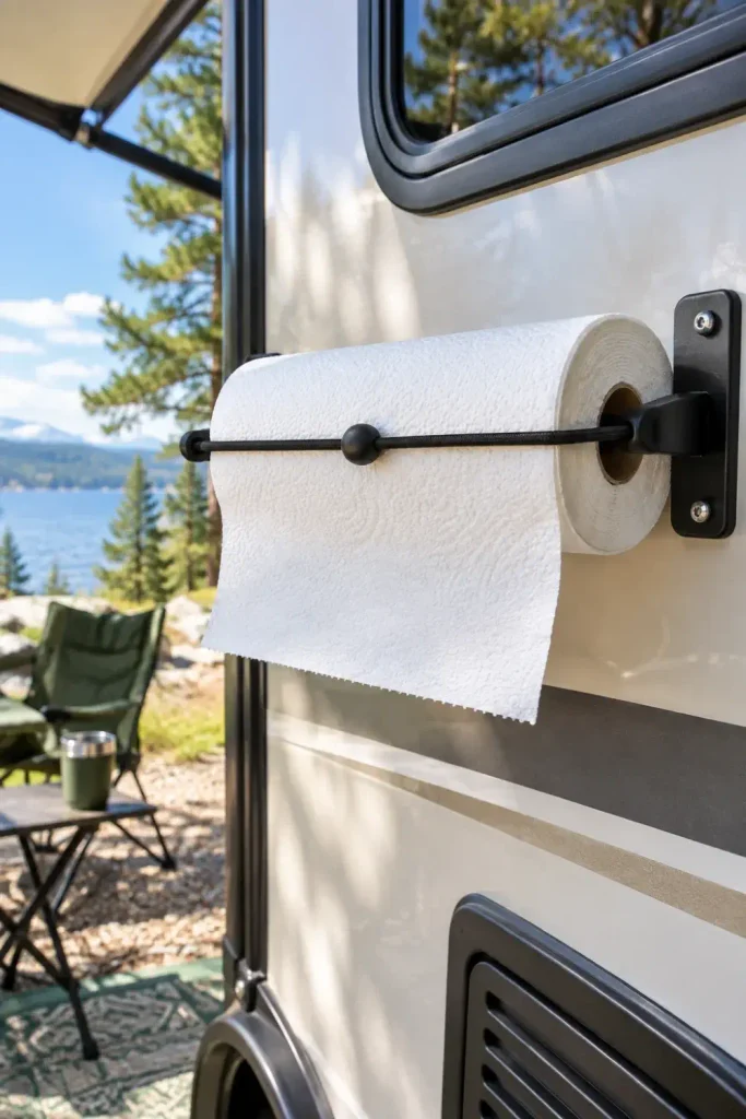 Short bungee cord secured across an RV paper towel holder to stop wind from unraveling the roll.