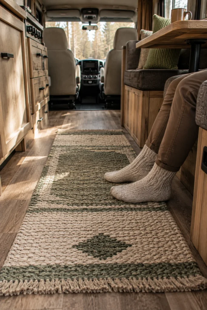 Textured woven wool runner rug laid over light vinyl flooring along the hallway of a modern camper van.