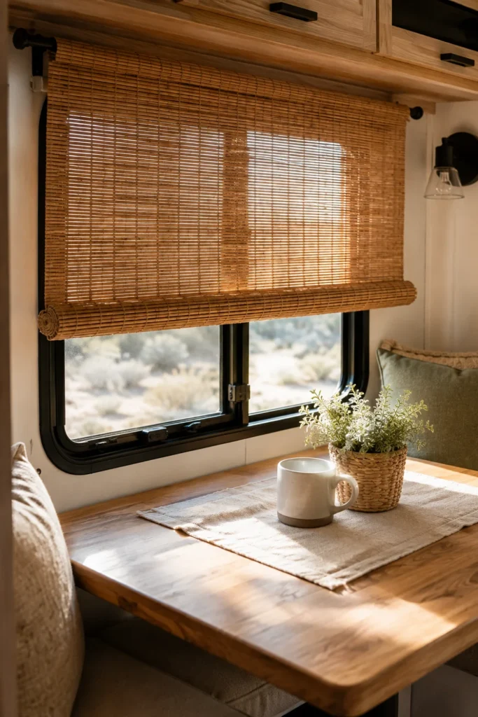 Lightweight woven bamboo roller shade mounted on an RV camper window filtering warm natural morning light.