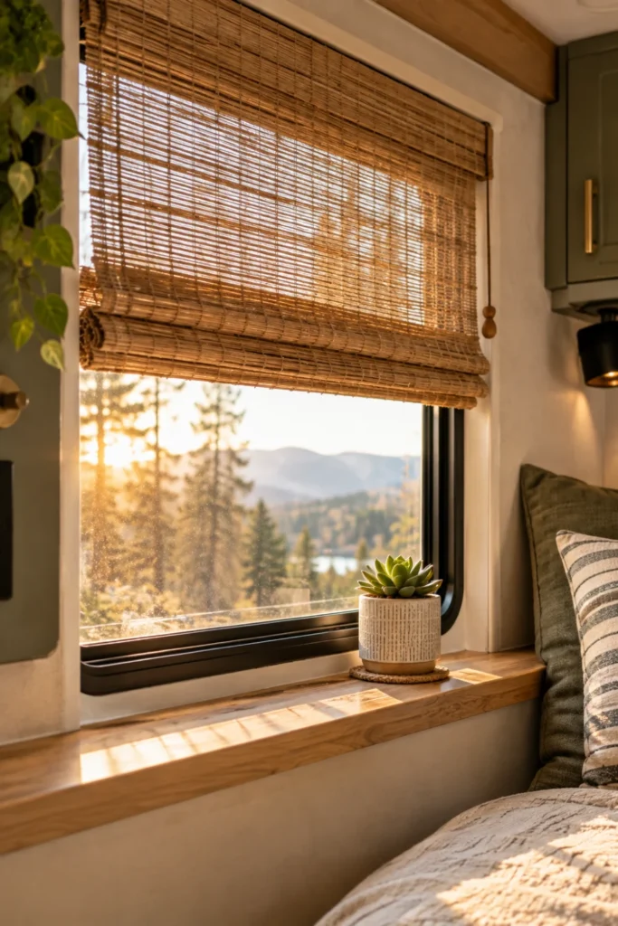 Natural bamboo woven roman shades installed on a renovated camper window.