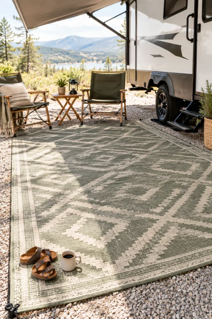 Geometric woven polypropylene outdoor rug staked down on gravel beneath an RV awning.
