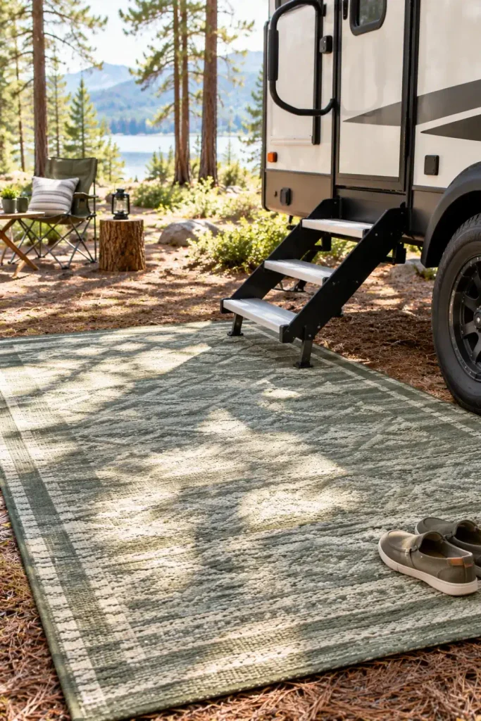 Large sage green woven outdoor patio rug spread out beneath the entrance steps of a modern RV camper.