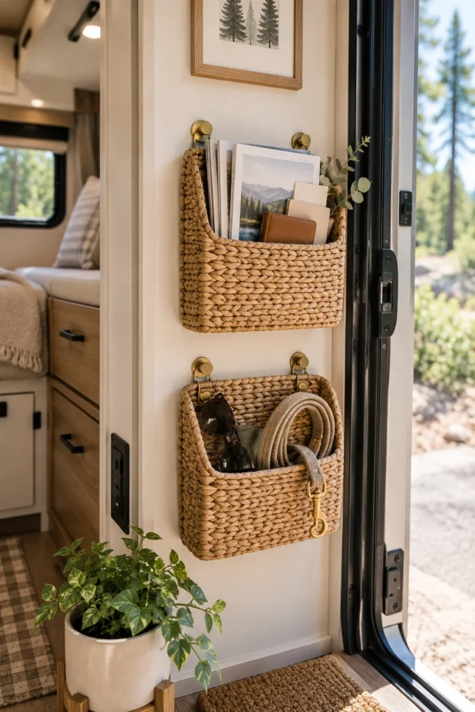 Flat woven seagrass baskets mounted on an RV wall for vertical entryway storage.