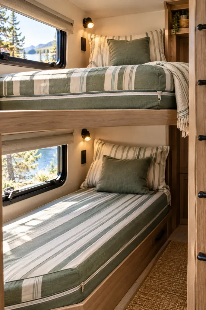 Zippered fitted bedding system installed smoothly on an RV bunk mattress.
